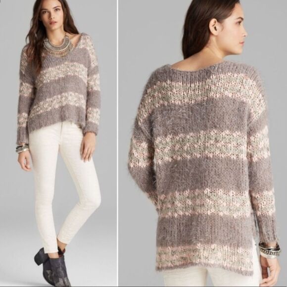 Free People Striped Linus‎ Sweater Gray Pink - Picture 1 of 8
